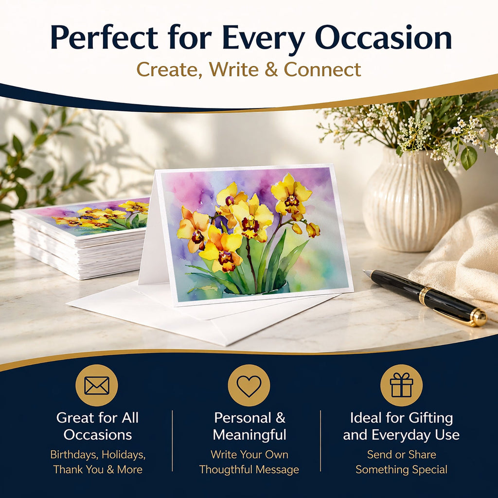 Orchids in Watercolor Greeting Cards Pack of 8 Blank Cards with Envelopes Whimsical A7 Size 5x7