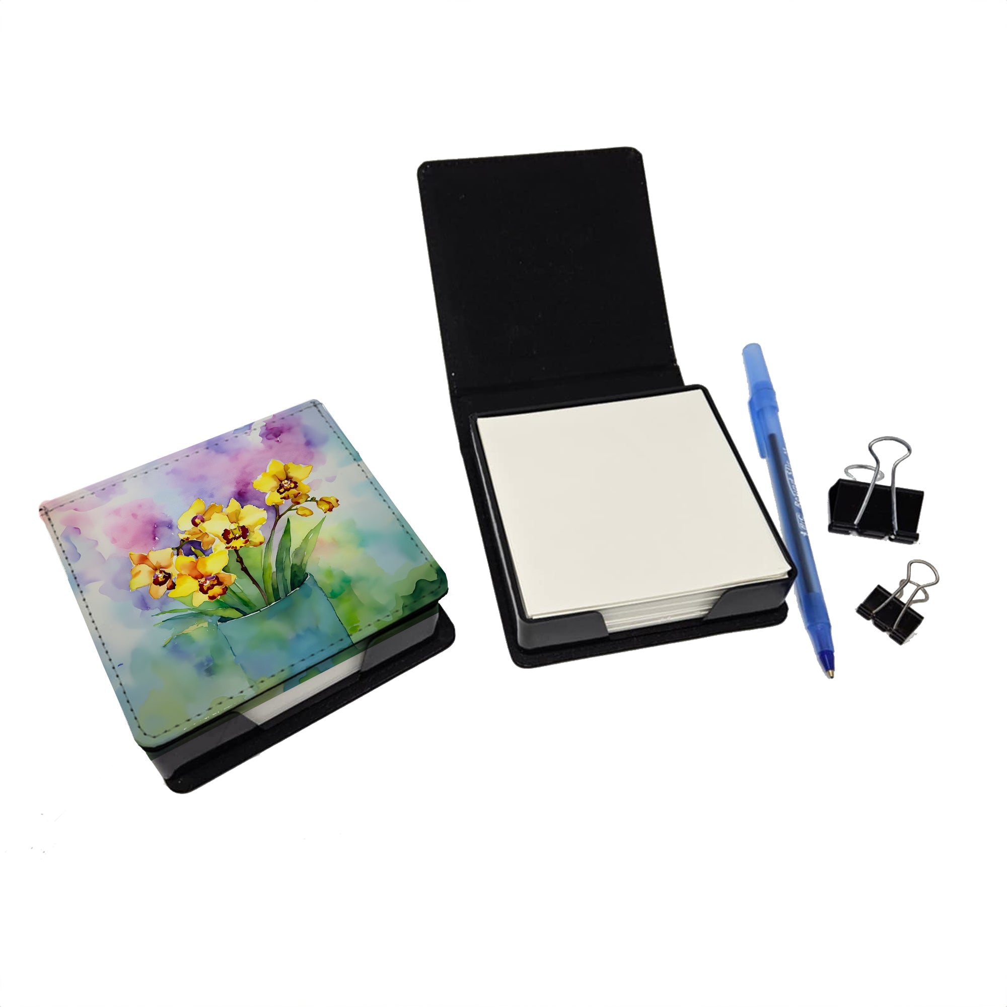 Orchids in Watercolor PU Leather Note Paper Holder with Artist-Designed Cover, Desk Accessory, Office Gift