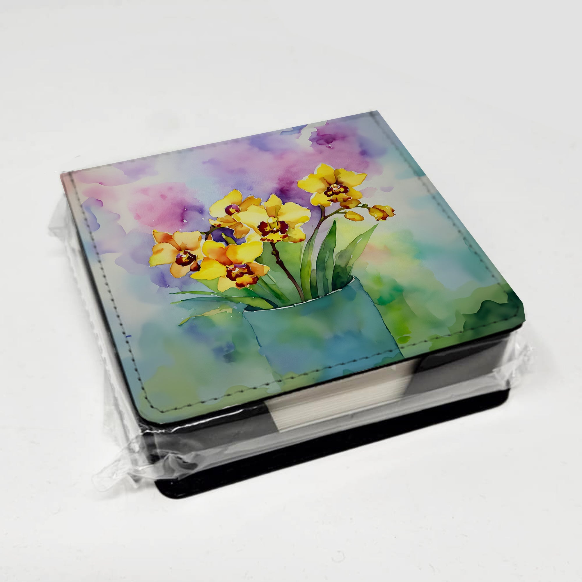 Orchids in Watercolor PU Leather Note Paper Holder with Artist-Designed Cover, Desk Accessory, Office Gift
