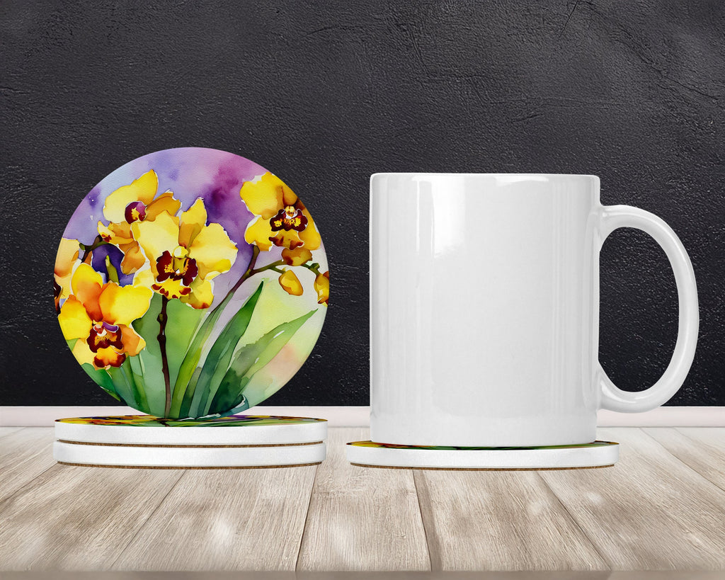 Orchids in Watercolor Large Sandstone Coasters Pack of 4 Absorbent Round Coasters Decor Gifts for Men or Women, 4 in, Multicolor