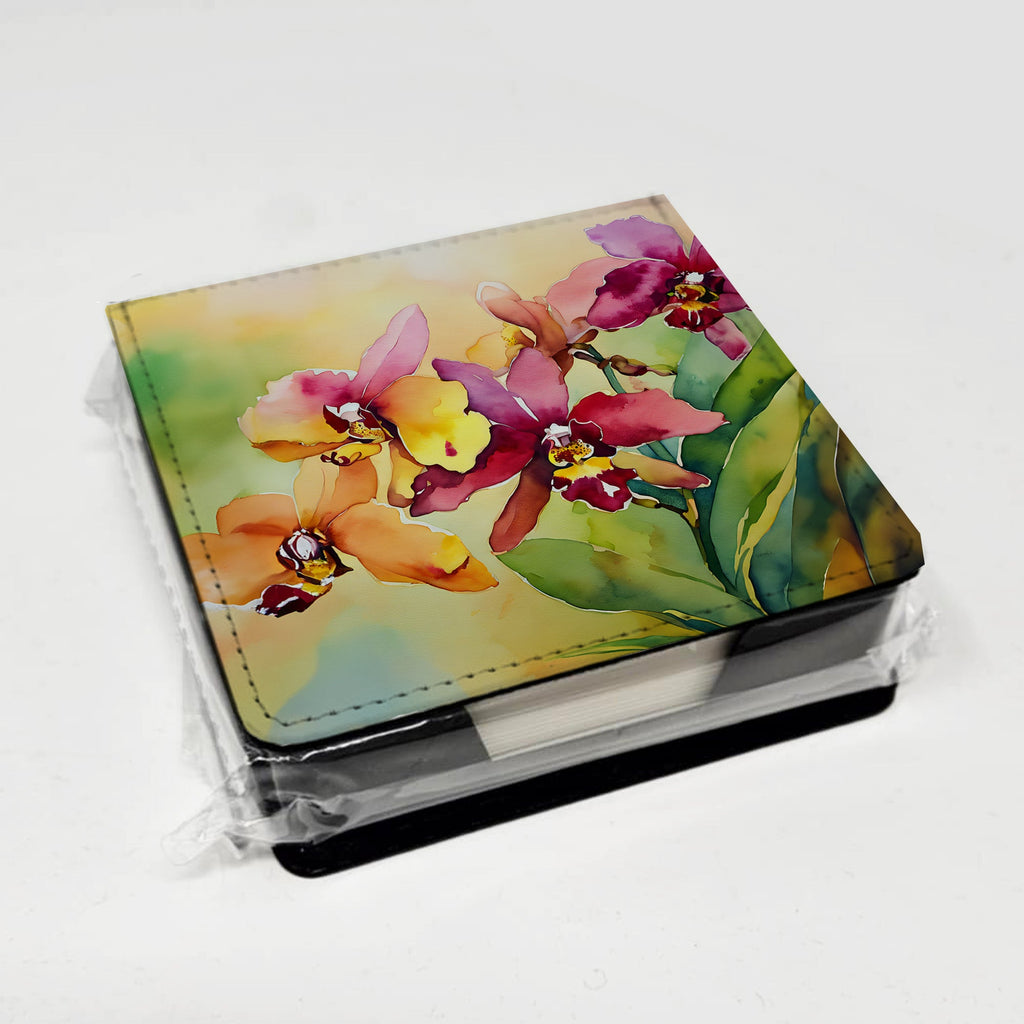Orchids in Watercolor PU Leather Note Paper Holder with Artist-Designed Cover, Desk Accessory, Office Gift