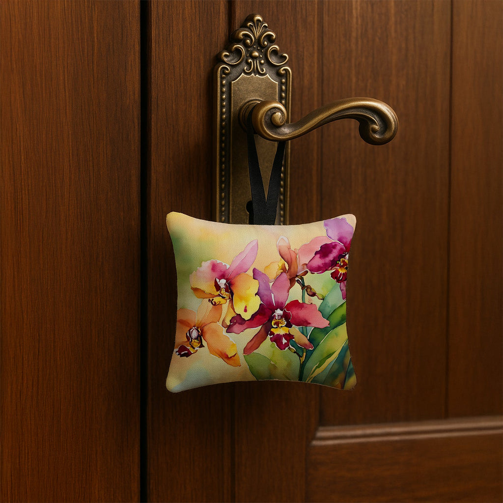 Orchids in Watercolor Hanging Square Fabric Ornament 3.5 × 3.5 Decorative Door-Knob & Tree Hanger, Soft Fabric