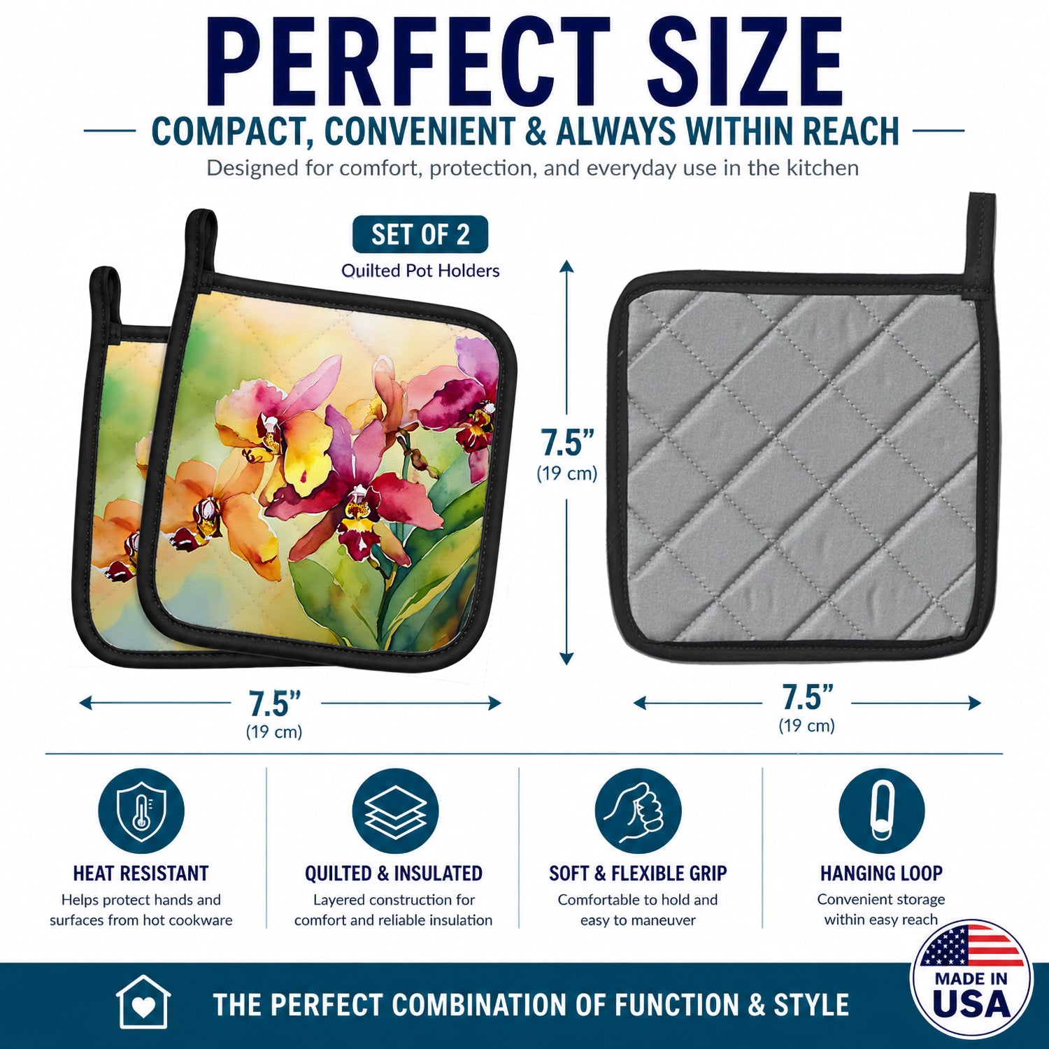 Orchids in Watercolor Pot Holder Set of 2 Heat Resistant Quilted Hot Pads 7.5 x 7.5 Inch, Insulated Kitchen Trivets for Cooking & Baking