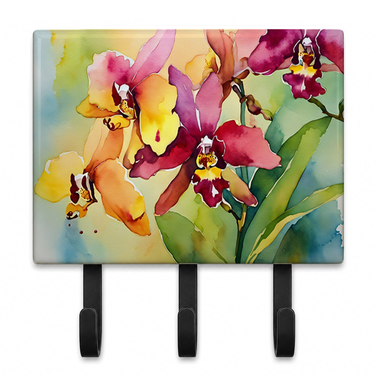 Orchids in Watercolor Leash or Key Holder Wall Hooks, Coat Rack Wall Mount, for Hanging Keys, Towels, Aprons, Leashes