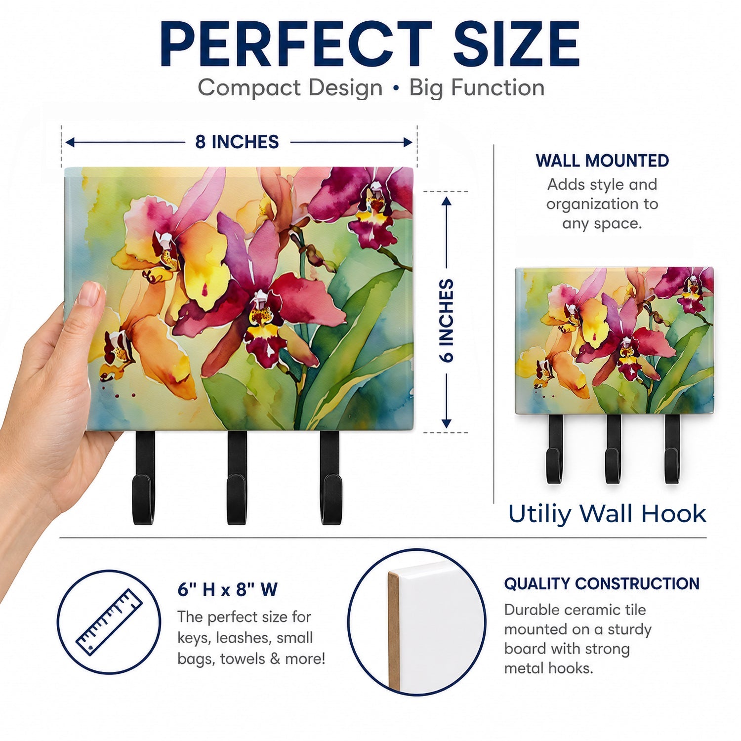 Orchids in Watercolor Leash or Key Holder Wall Hooks, Coat Rack Wall Mount, for Hanging Keys, Towels, Aprons, Leashes