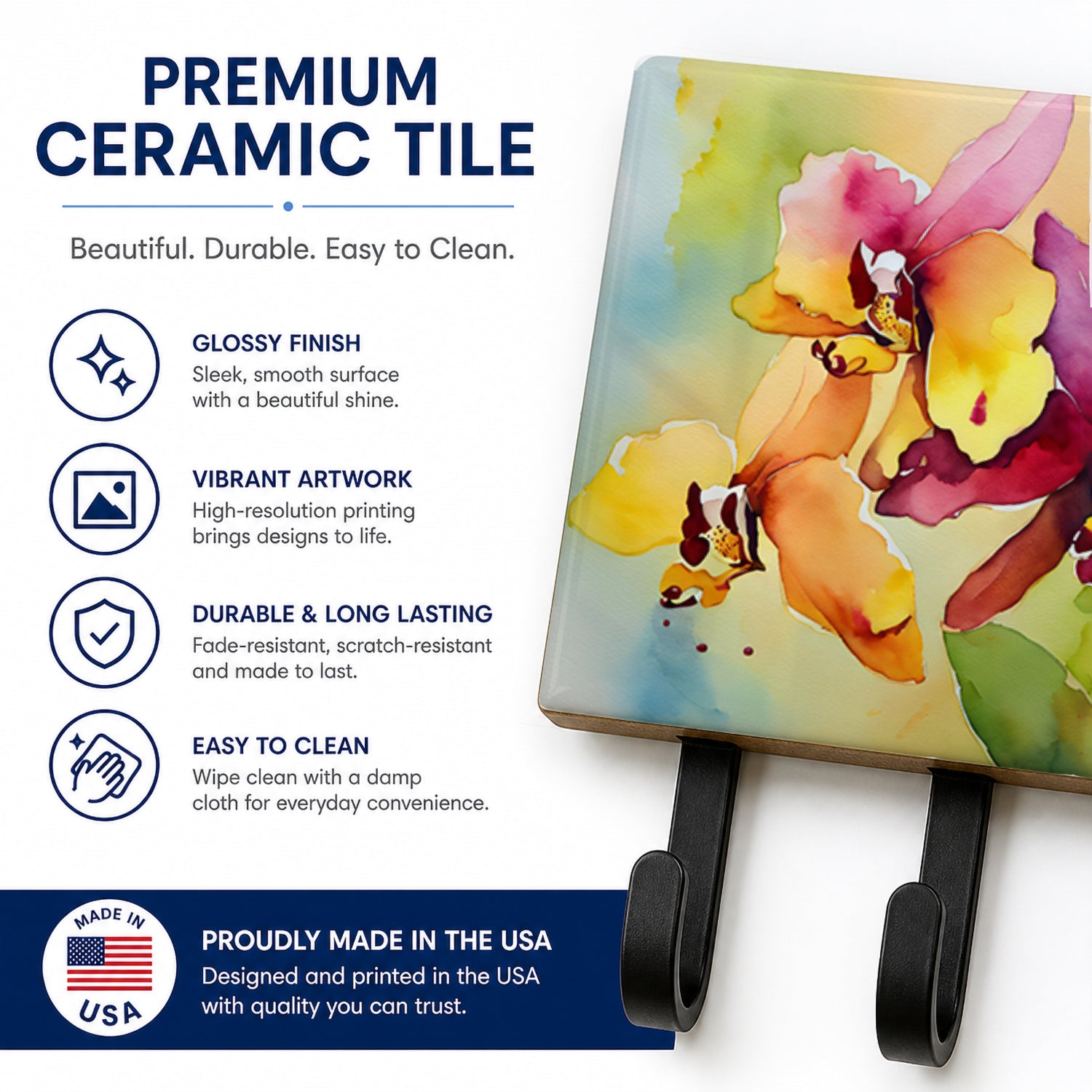 Orchids in Watercolor Leash or Key Holder Wall Hooks, Coat Rack Wall Mount, for Hanging Keys, Towels, Aprons, Leashes