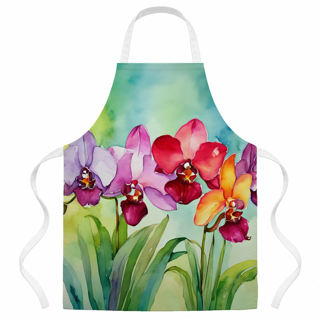 Orchids in Watercolor Apron Cooking Kitchen Server Baking Crafts Gardening for Adult Women Men, Unisex, Large, Multicolor