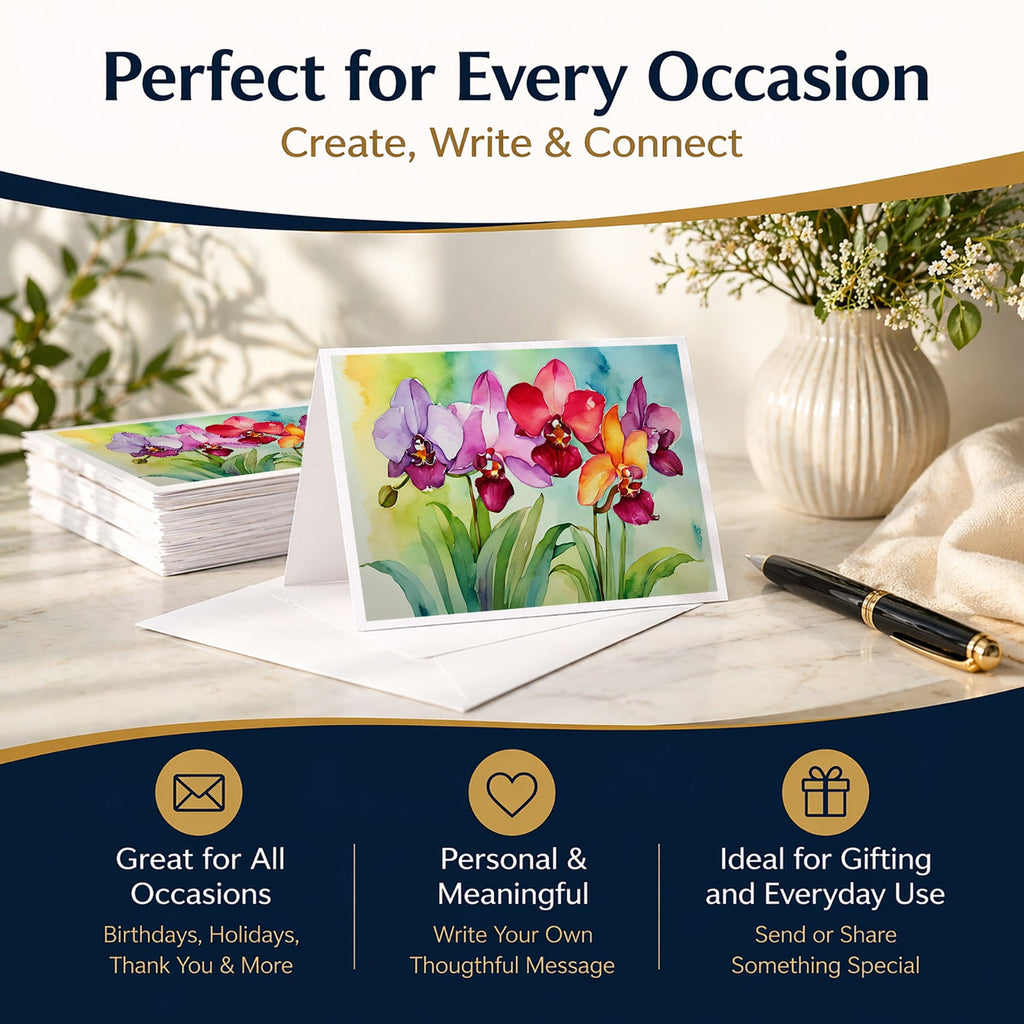 Orchids in Watercolor Greeting Cards Pack of 8 Blank Cards with Envelopes Whimsical A7 Size 5x7