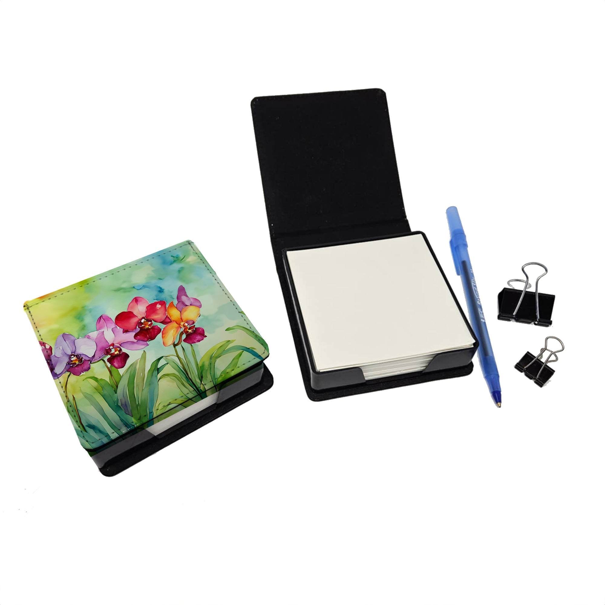 Orchids in Watercolor PU Leather Note Paper Holder with Artist-Designed Cover, Desk Accessory, Office Gift