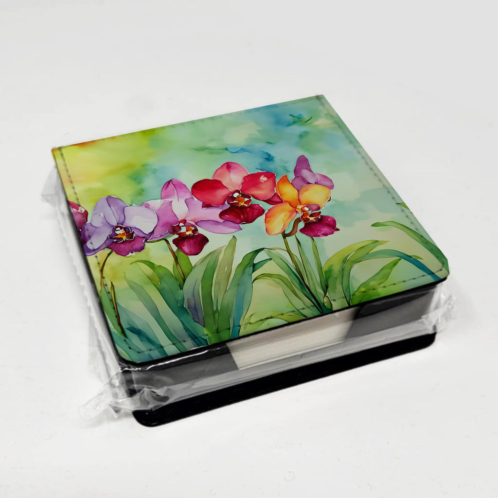 Orchids in Watercolor PU Leather Note Paper Holder with Artist-Designed Cover, Desk Accessory, Office Gift