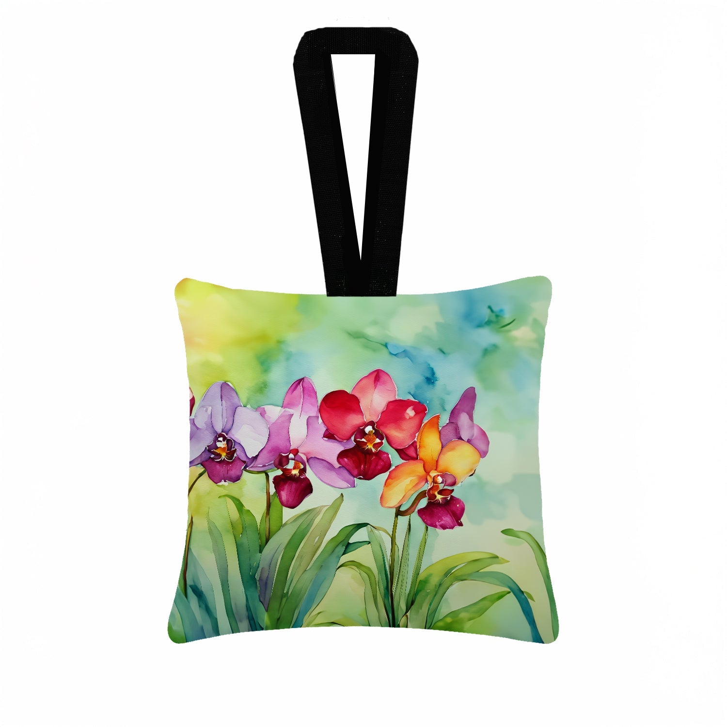Orchids in Watercolor Hanging Square Fabric Ornament 3.5 × 3.5 Decorative Door-Knob & Tree Hanger, Soft Fabric