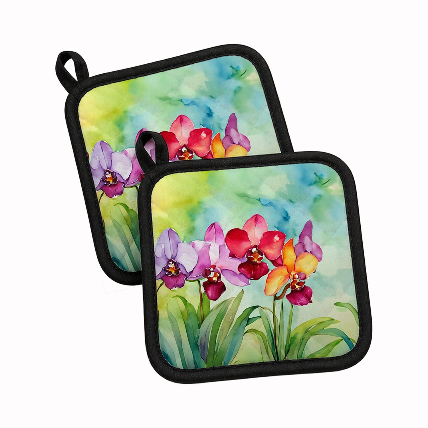 Orchids in Watercolor Pot Holder Set of 2 Heat Resistant Quilted Hot Pads 7.5 x 7.5 Inch, Insulated Kitchen Trivets for Cooking & Baking