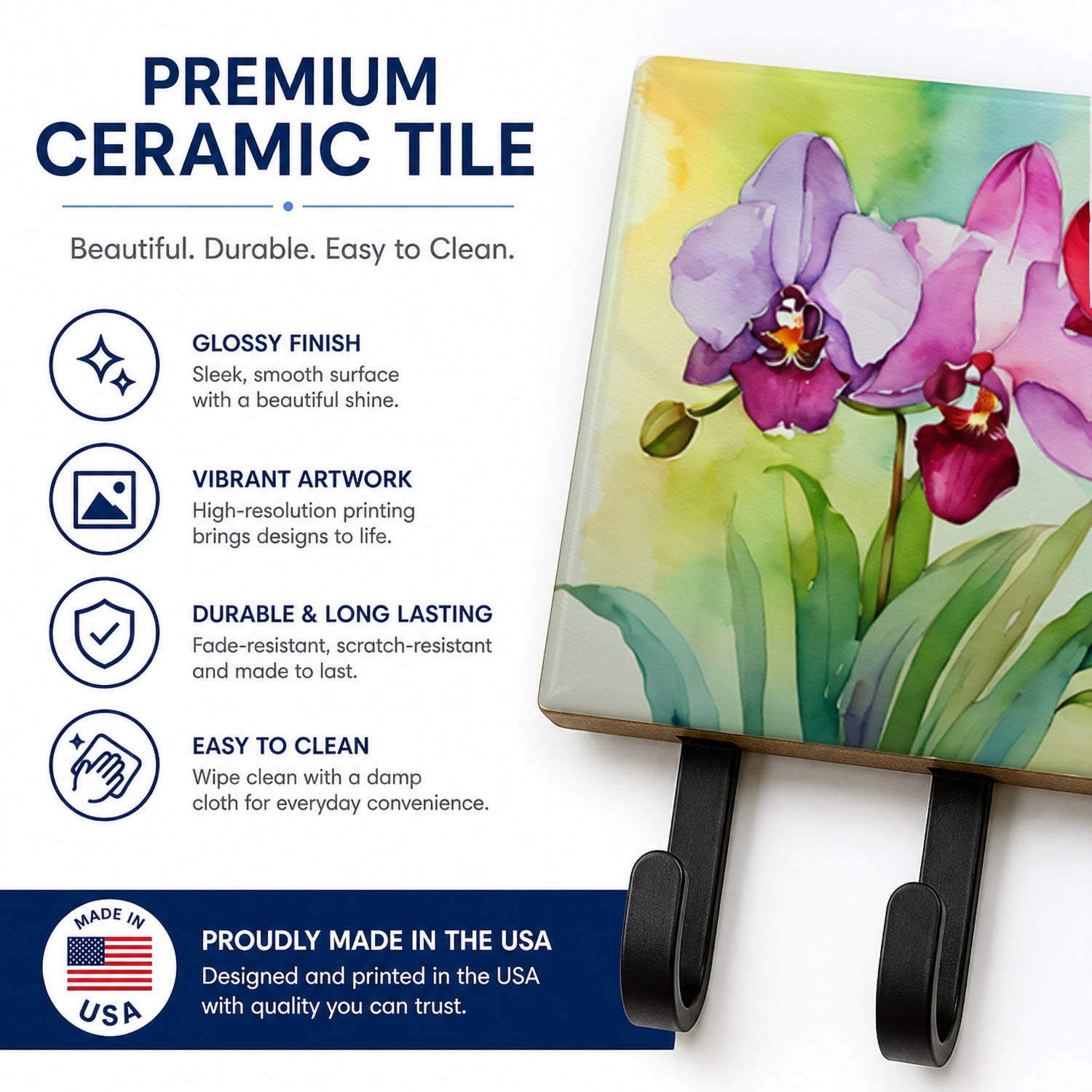 Orchids in Watercolor Leash or Key Holder Wall Hooks, Coat Rack Wall Mount, for Hanging Keys, Towels, Aprons, Leashes