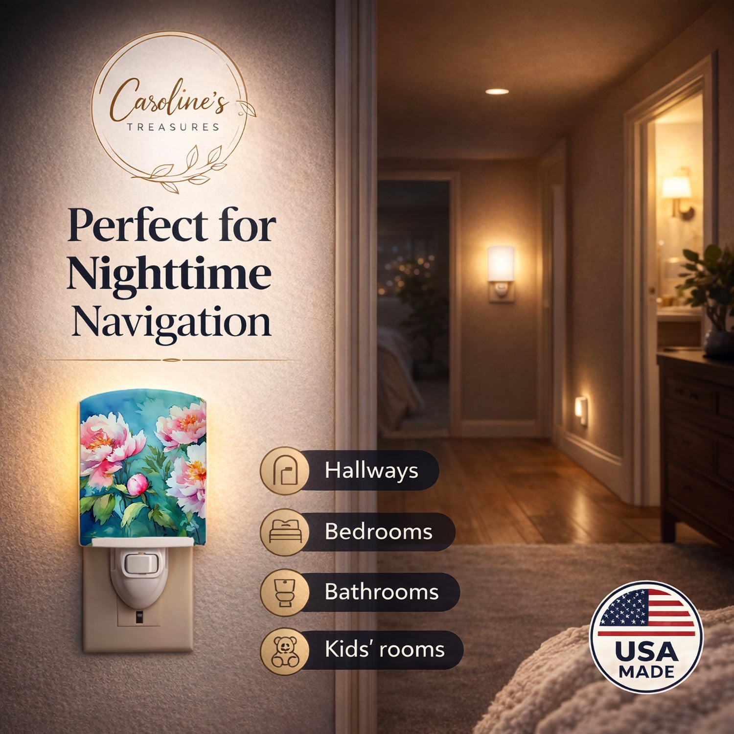 Peonies in Watercolor Ceramic Night Light Compact, UL-Certified, Ideal for Bedroom, Bathroom, Nursery, Hallway, Kitchen, 6x4x3, Multicolor