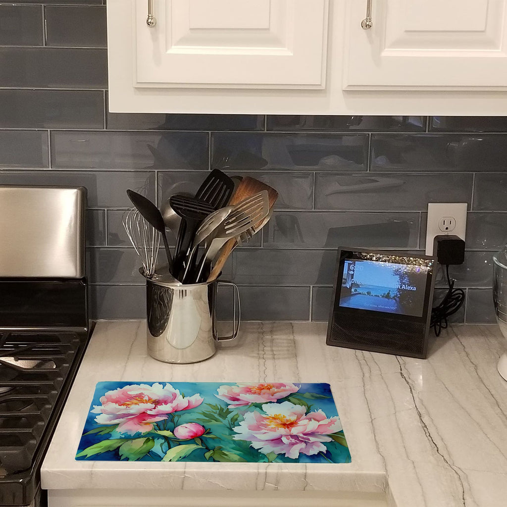 Peonies in Watercolor Cutting Board Tempered Glass Kitchen Cutting Surface, Heat Resistant Chopping, Non-Slip Feet, Food Prep & Serving