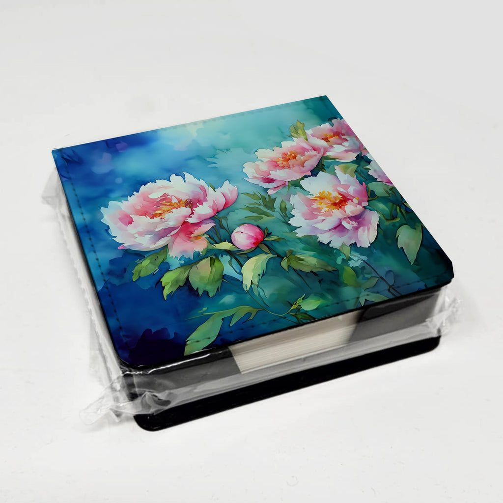 Peonies in Watercolor PU Leather Note Paper Holder with Artist-Designed Cover, Desk Accessory, Office Gift