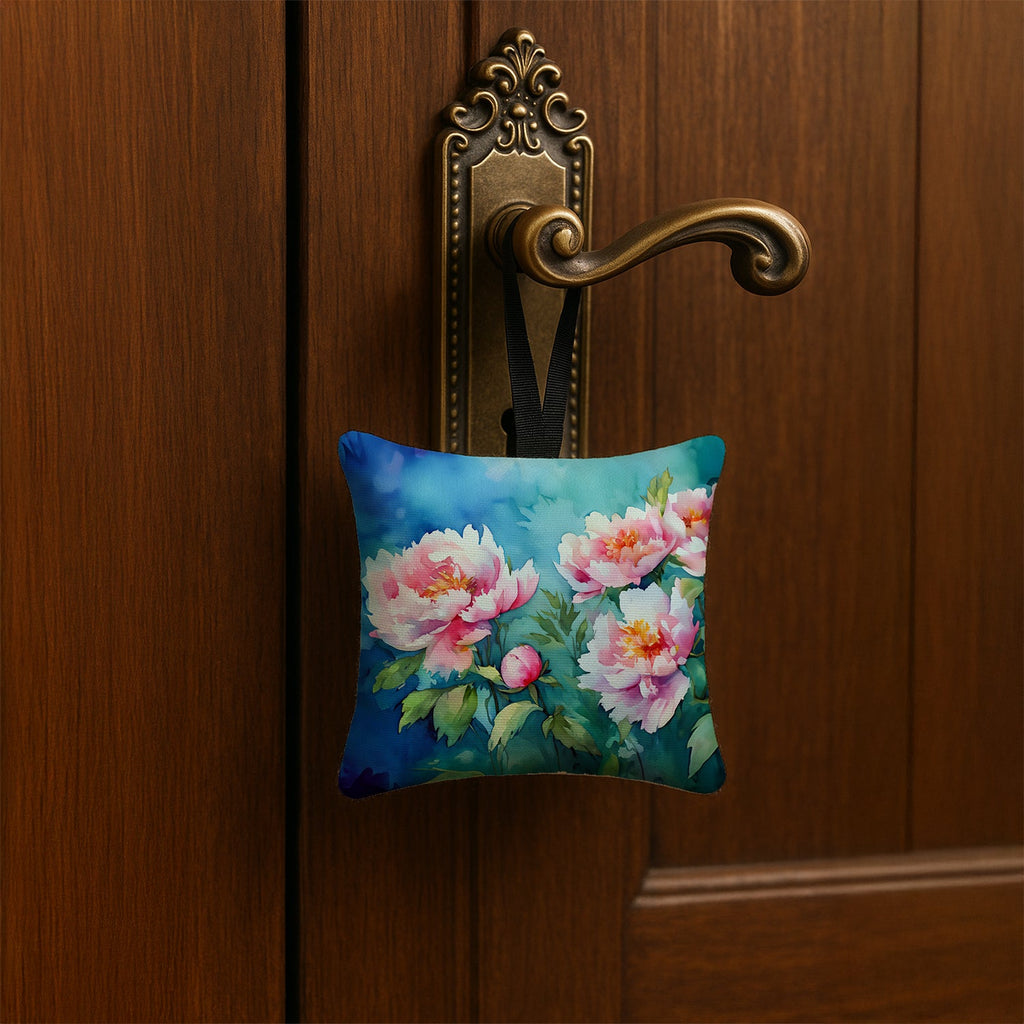 Peonies in Watercolor Hanging Square Fabric Ornament 3.5 × 3.5 Decorative Door-Knob & Tree Hanger, Soft Fabric