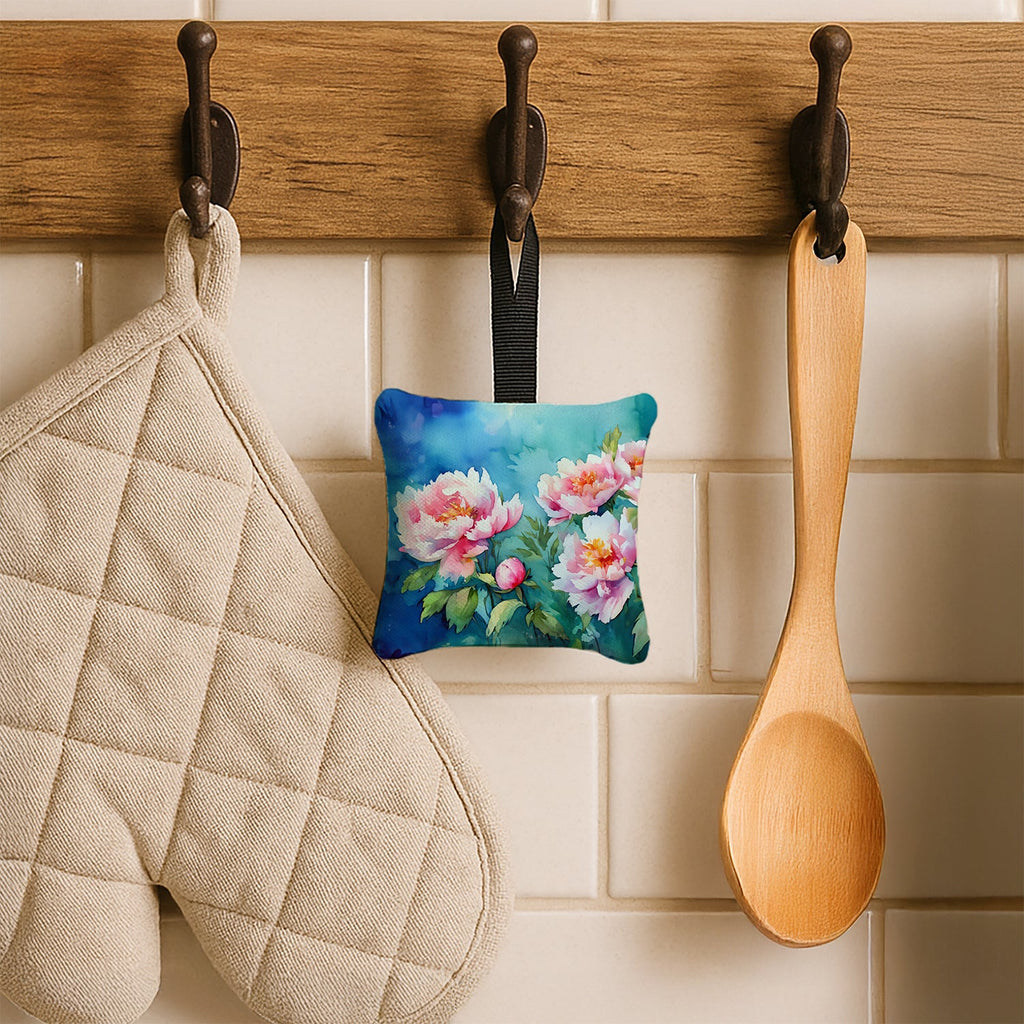 Peonies in Watercolor Hanging Square Fabric Ornament 3.5 × 3.5 Decorative Door-Knob & Tree Hanger, Soft Fabric
