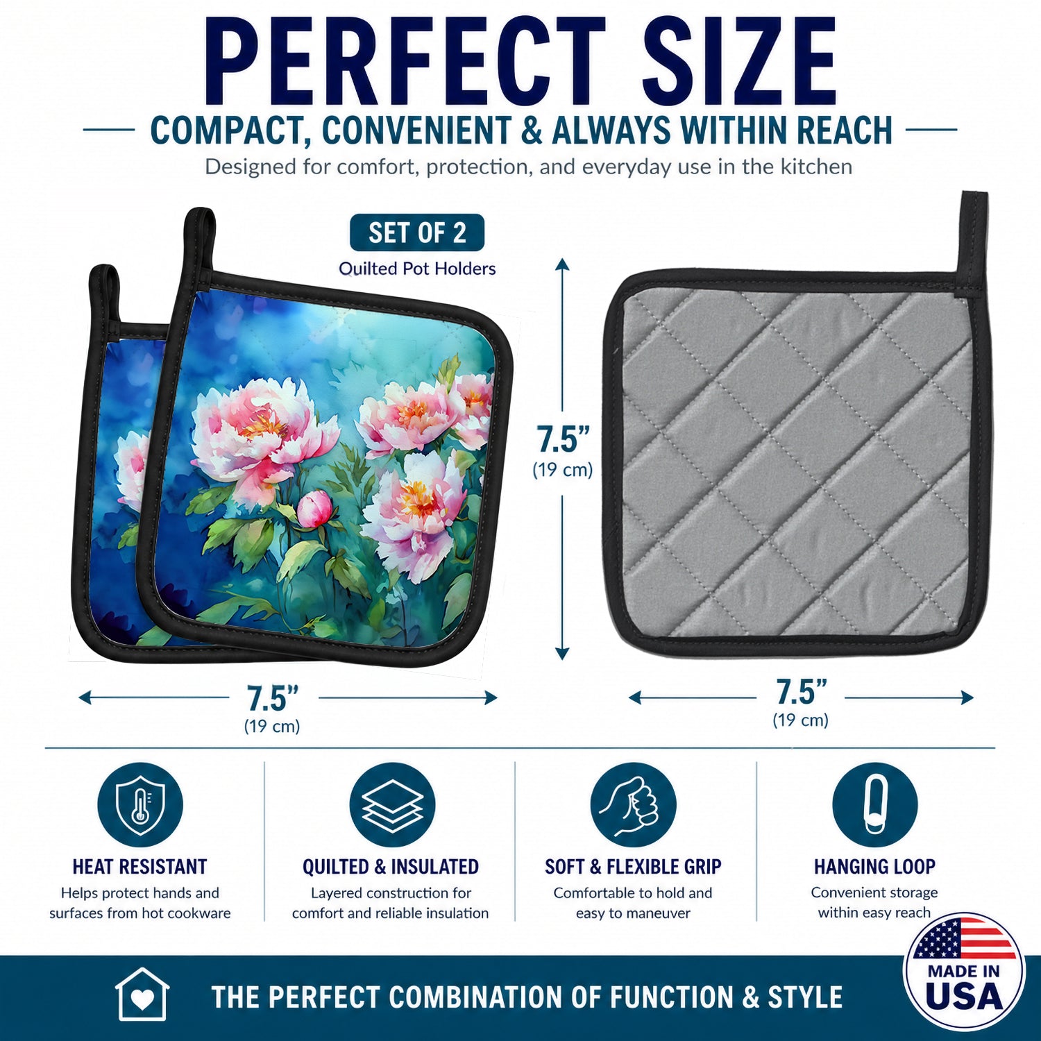 Peonies in Watercolor Pot Holder Set of 2 Heat Resistant Quilted Hot Pads 7.5 x 7.5 Inch, Insulated Kitchen Trivets for Cooking & Baking