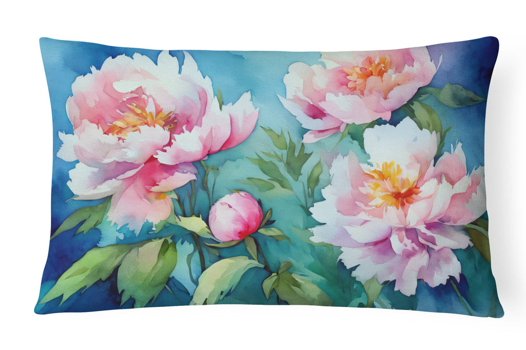 Peonies in Watercolor Decorative Throw Pillow 12x16 Indoor Outdoor Accent Cushion, Fabric Cover with Insert for Sofa, Bed, Porch & Living Room
