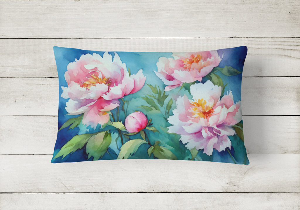 Peonies in Watercolor Decorative Throw Pillow 12x16 Indoor Outdoor Accent Cushion, Fabric Cover with Insert for Sofa, Bed, Porch & Living Room