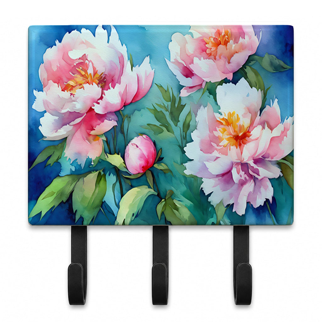 Peonies in Watercolor Leash or Key Holder Wall Hooks, Coat Rack Wall Mount, for Hanging Keys, Towels, Aprons, Leashes