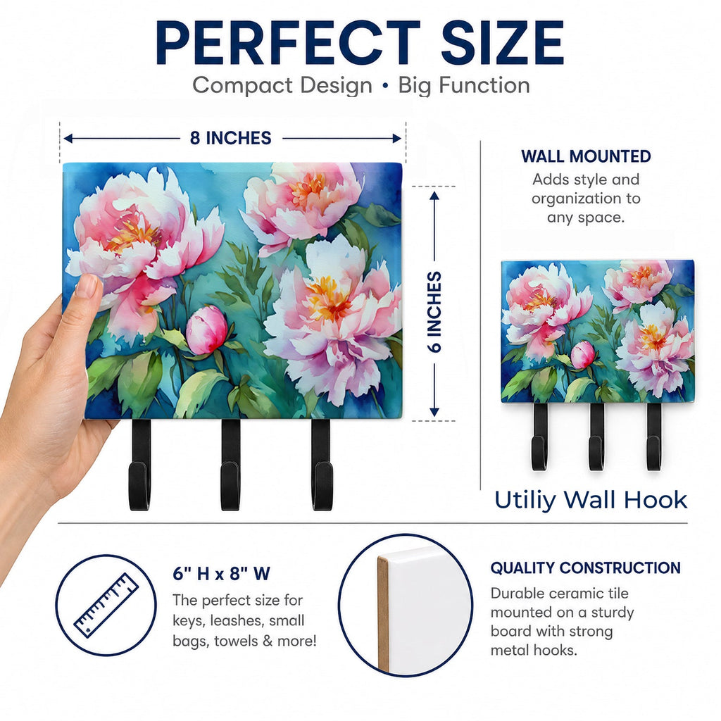 Peonies in Watercolor Leash or Key Holder Wall Hooks, Coat Rack Wall Mount, for Hanging Keys, Towels, Aprons, Leashes