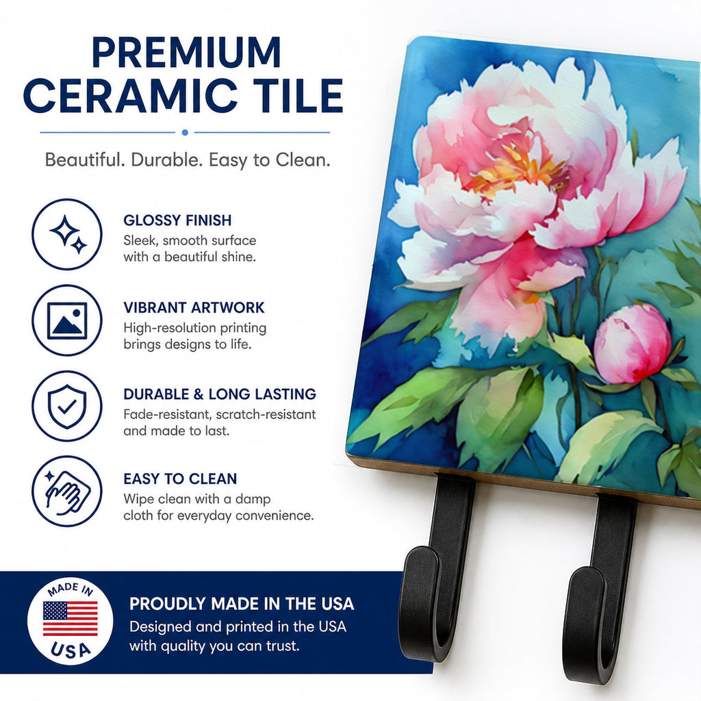Peonies in Watercolor Leash or Key Holder Wall Hooks, Coat Rack Wall Mount, for Hanging Keys, Towels, Aprons, Leashes