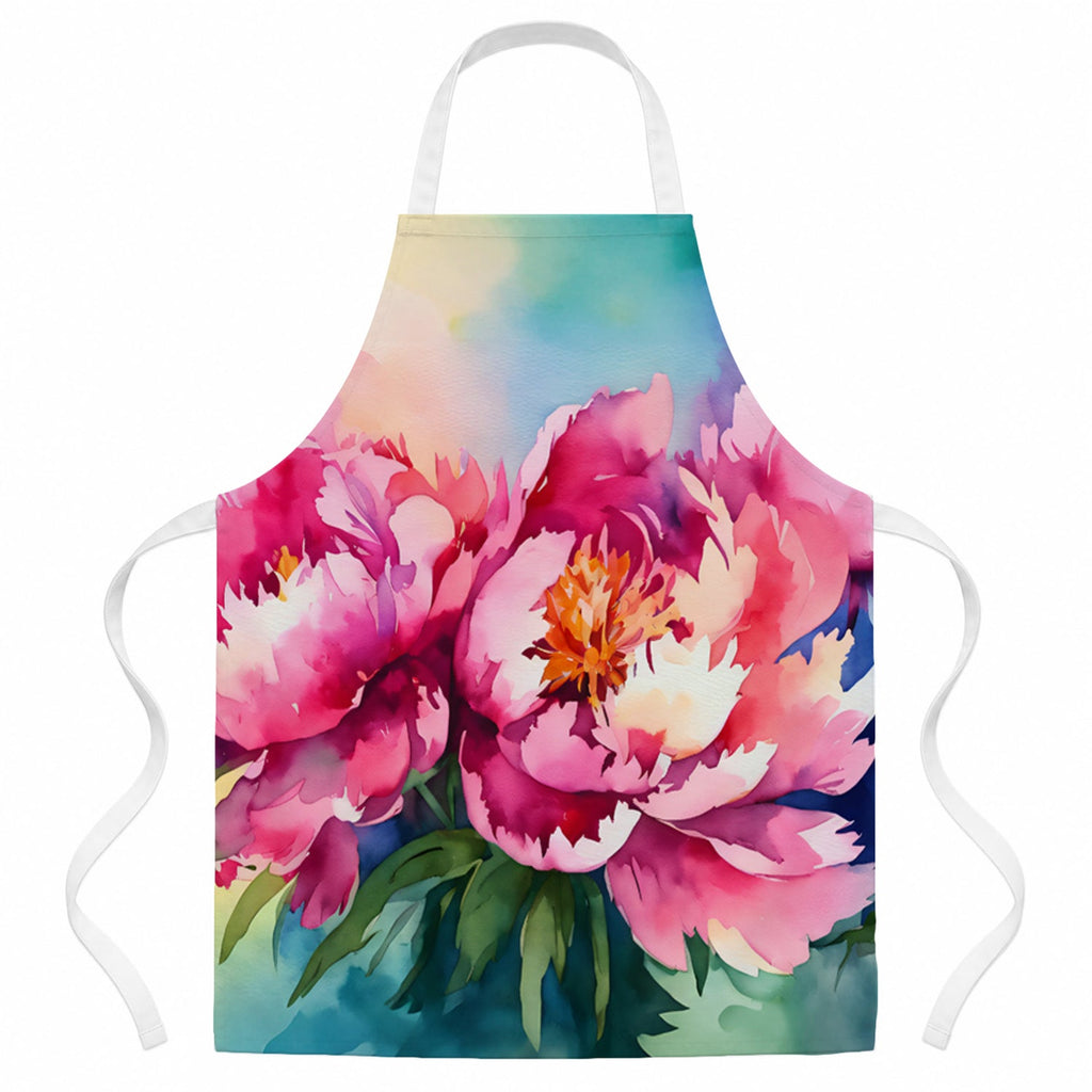 Peonies in Watercolor Apron Cooking Kitchen Server Baking Crafts Gardening for Adult Women Men, Unisex, Large, Multicolor
