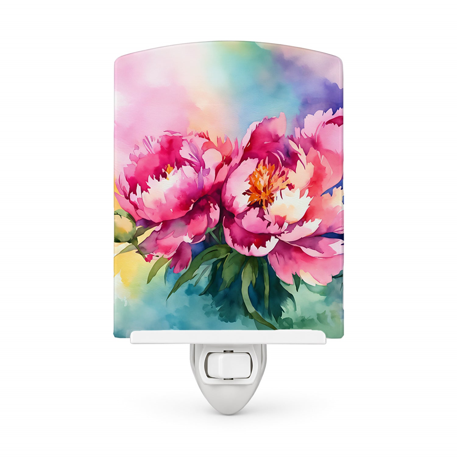 Peonies in Watercolor Ceramic Night Light Compact, UL-Certified, Ideal for Bedroom, Bathroom, Nursery, Hallway, Kitchen, 6x4x3, Multicolor