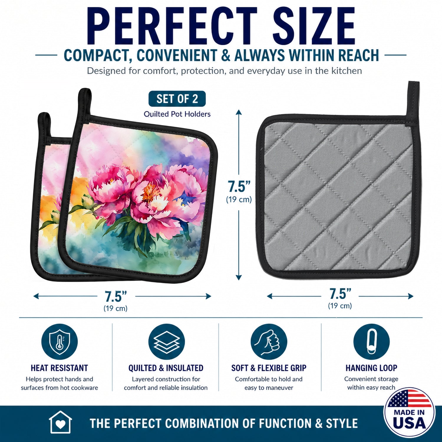 Peonies in Watercolor Pot Holder Set of 2 Heat Resistant Quilted Hot Pads 7.5 x 7.5 Inch, Insulated Kitchen Trivets for Cooking & Baking