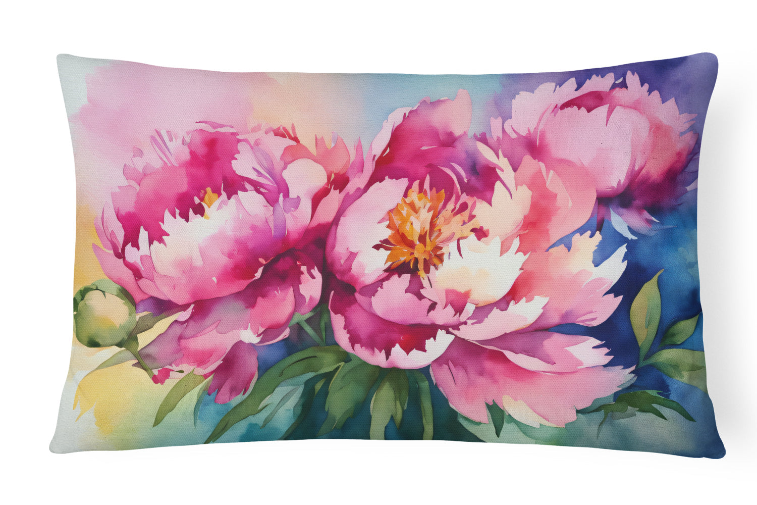Peonies in Watercolor Decorative Throw Pillow 12x16 Indoor Outdoor Accent Cushion, Fabric Cover with Insert for Sofa, Bed, Porch & Living Room