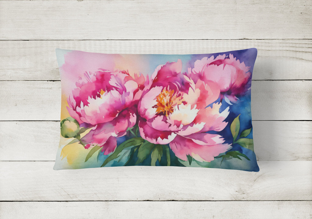 Peonies in Watercolor Decorative Throw Pillow 12x16 Indoor Outdoor Accent Cushion, Fabric Cover with Insert for Sofa, Bed, Porch & Living Room