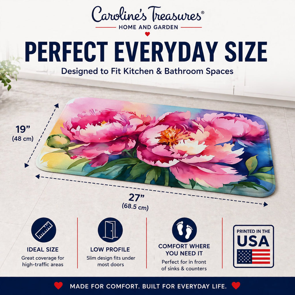 Peonies in Watercolor Memory Foam Kitchen Mat Machine Washable Anti-Fatigue Cushion Comfort Bath or Kitchen Rug