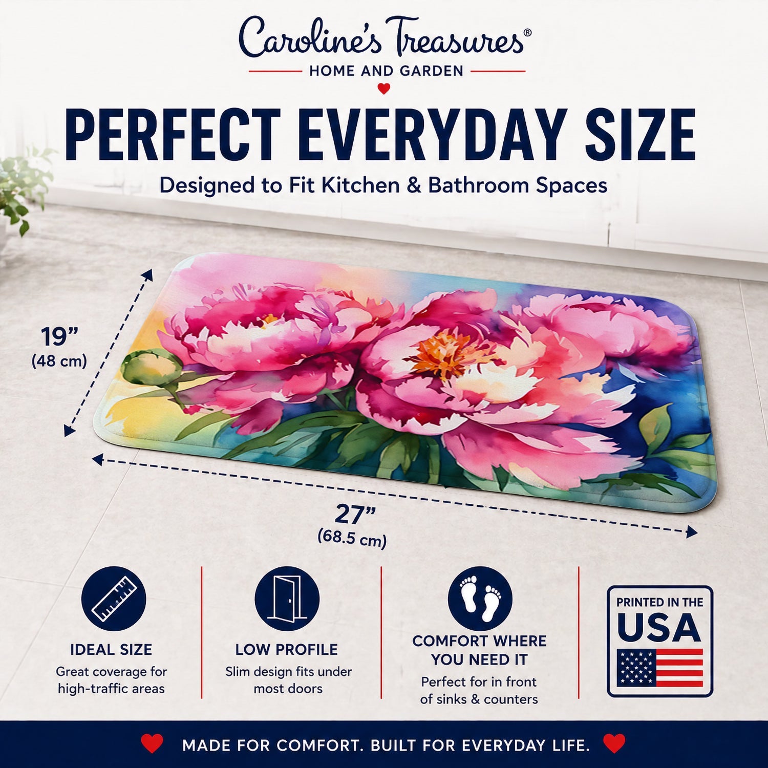 Peonies in Watercolor Memory Foam Kitchen Mat Machine Washable Anti-Fatigue Cushion Comfort Bath or Kitchen Rug