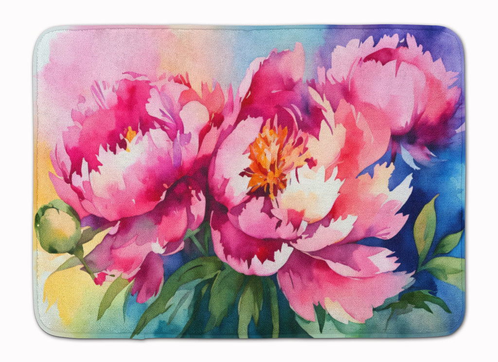 Peonies in Watercolor Memory Foam Kitchen Mat Machine Washable Anti-Fatigue Cushion Comfort Bath or Kitchen Rug