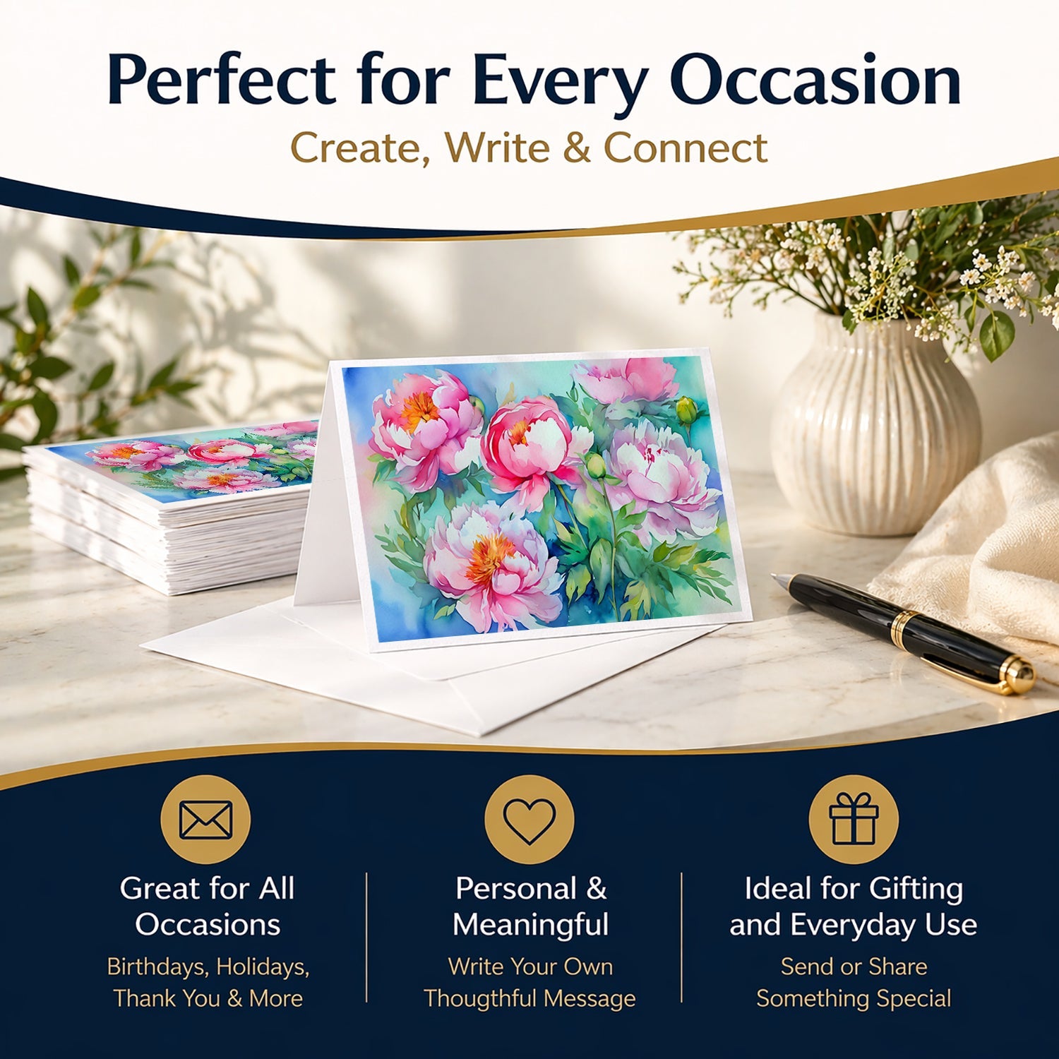 Peonies in Watercolor Greeting Cards Pack of 8 Blank Cards with Envelopes Whimsical A7 Size 5x7