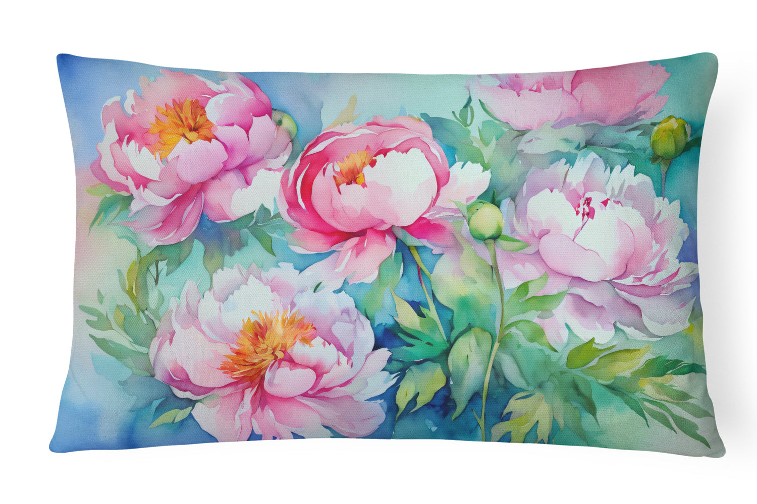 Peonies in Watercolor Decorative Throw Pillow 12x16 Indoor Outdoor Accent Cushion, Fabric Cover with Insert for Sofa, Bed, Porch & Living Room