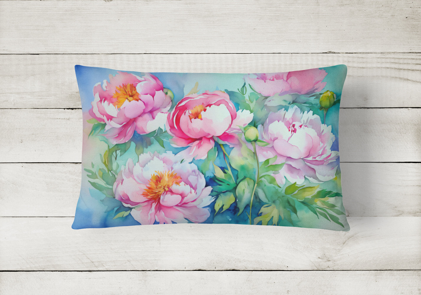 Peonies in Watercolor Decorative Throw Pillow 12x16 Indoor Outdoor Accent Cushion, Fabric Cover with Insert for Sofa, Bed, Porch & Living Room