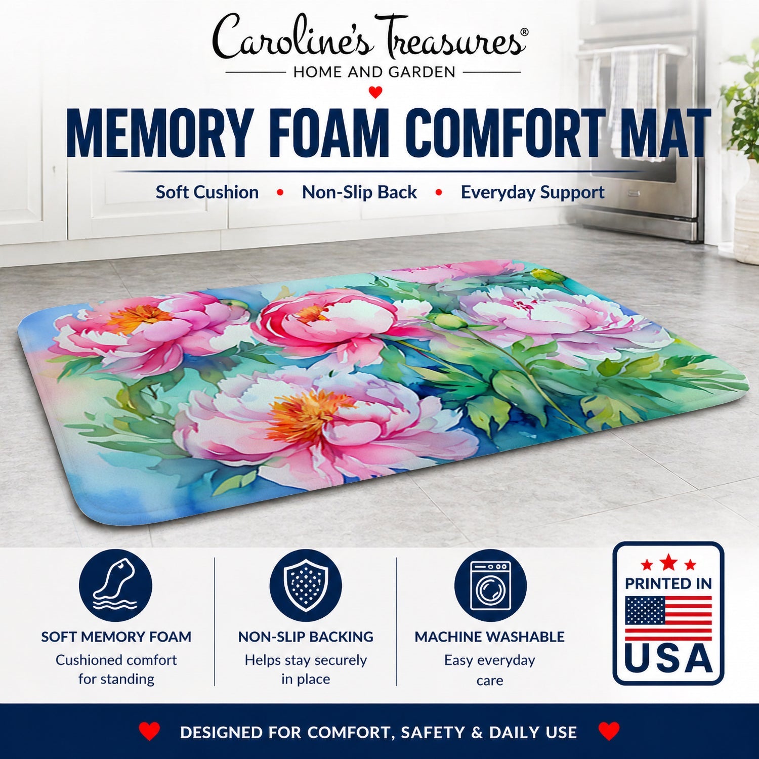 Peonies in Watercolor Memory Foam Kitchen Mat Machine Washable Anti-Fatigue Cushion Comfort Bath or Kitchen Rug