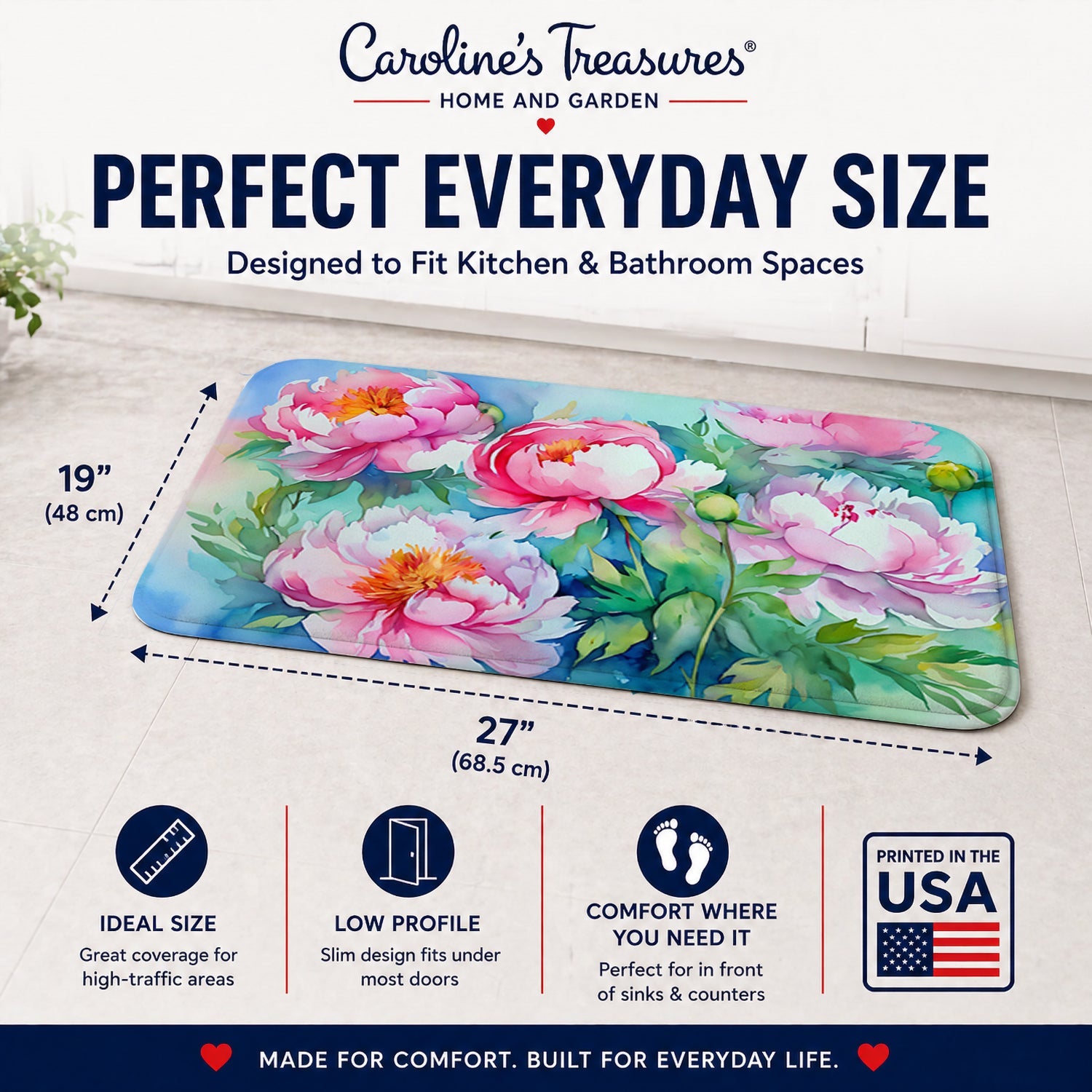 Peonies in Watercolor Memory Foam Kitchen Mat Machine Washable Anti-Fatigue Cushion Comfort Bath or Kitchen Rug