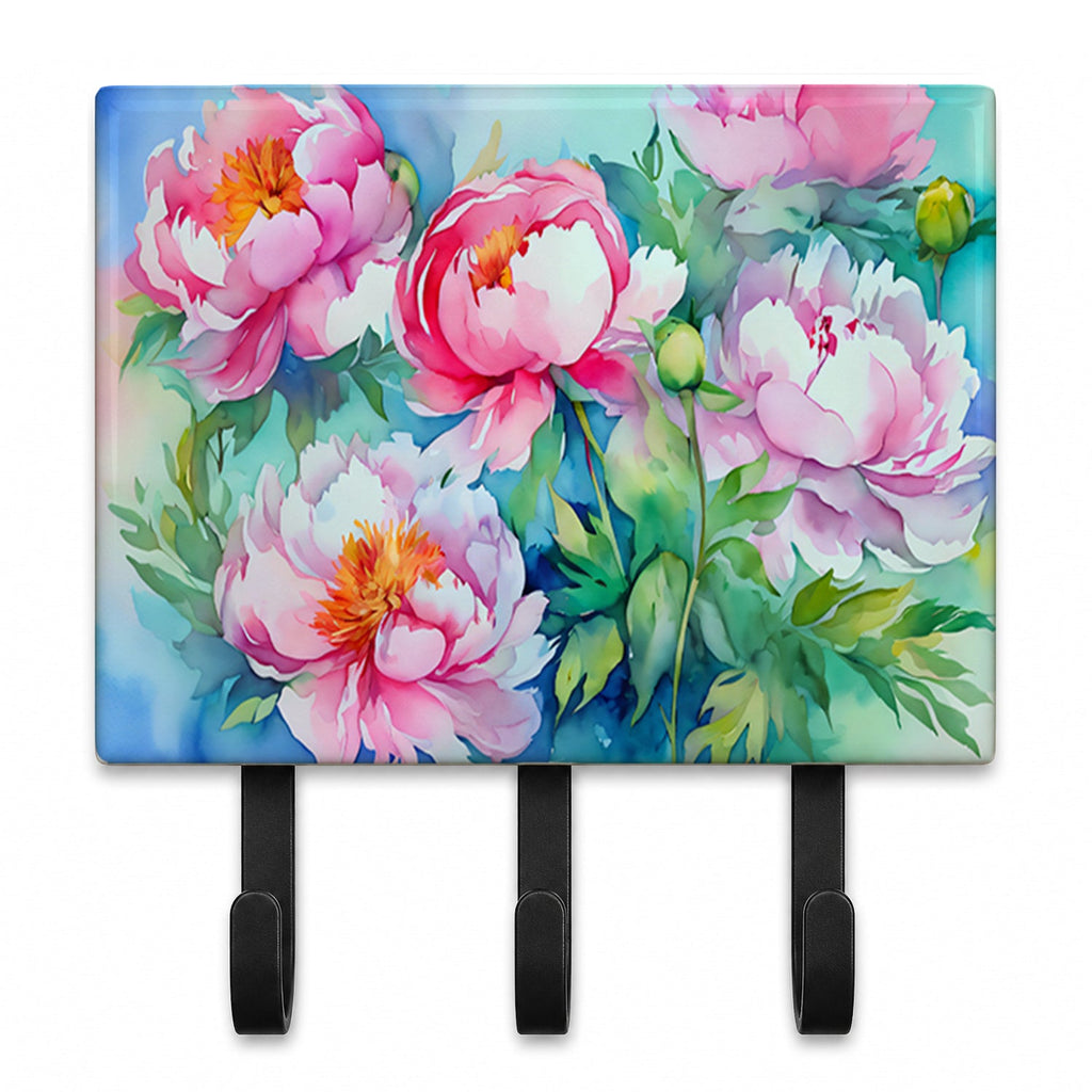 Peonies in Watercolor Leash or Key Holder Wall Hooks, Coat Rack Wall Mount, for Hanging Keys, Towels, Aprons, Leashes