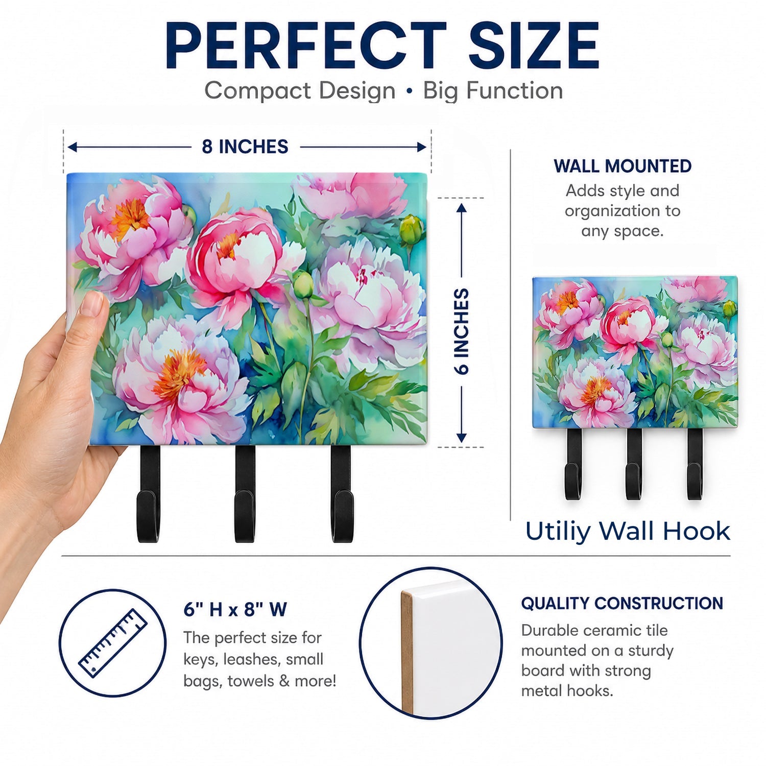 Peonies in Watercolor Leash or Key Holder Wall Hooks, Coat Rack Wall Mount, for Hanging Keys, Towels, Aprons, Leashes