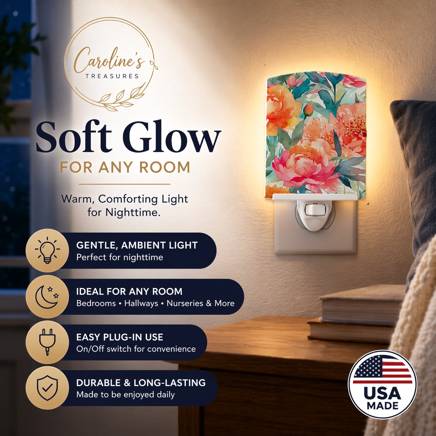 Peonies in Watercolor Ceramic Night Light Compact, UL-Certified, Ideal for Bedroom, Bathroom, Nursery, Hallway, Kitchen, 6x4x3, Multicolor
