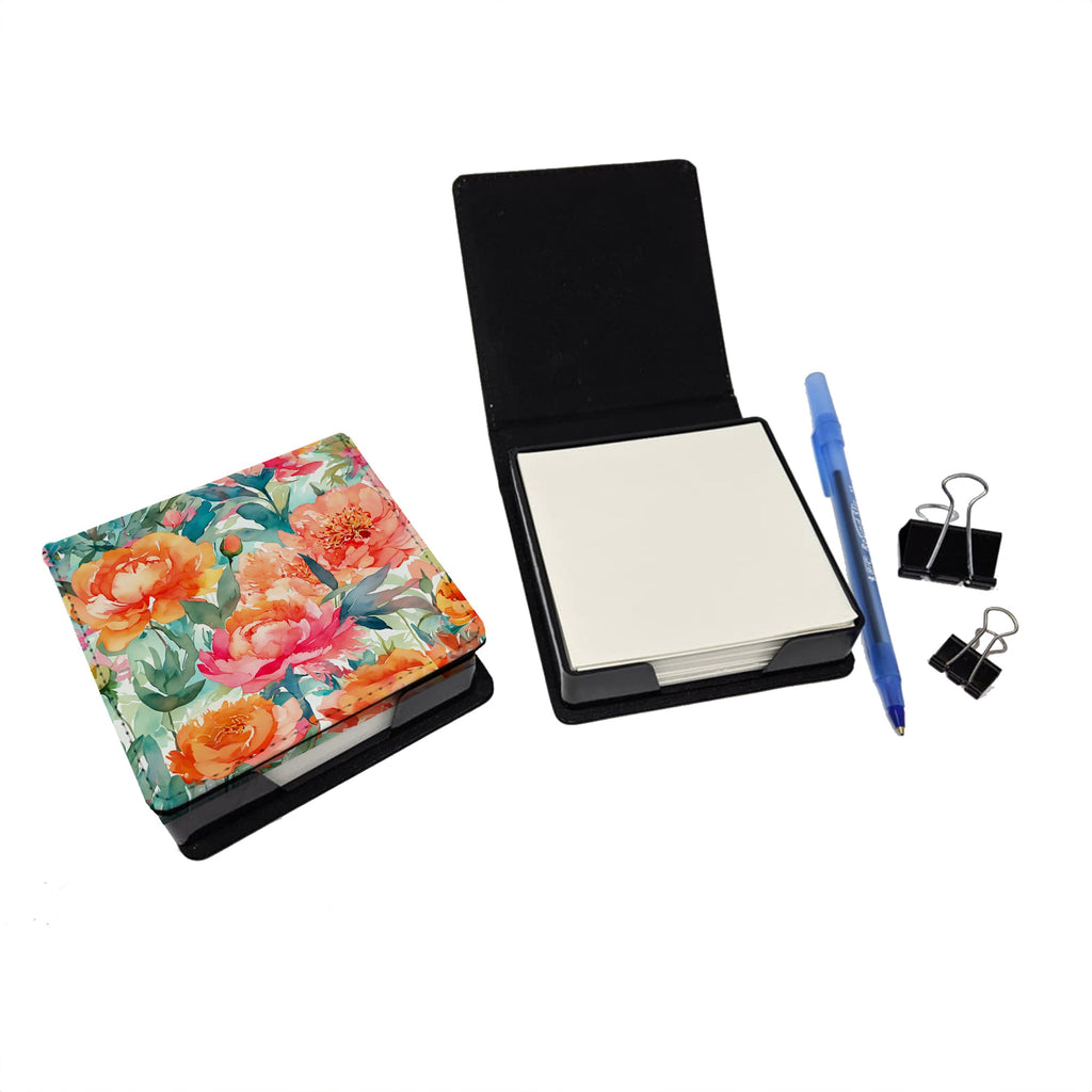 Peonies in Watercolor PU Leather Note Paper Holder with Artist-Designed Cover, Desk Accessory, Office Gift