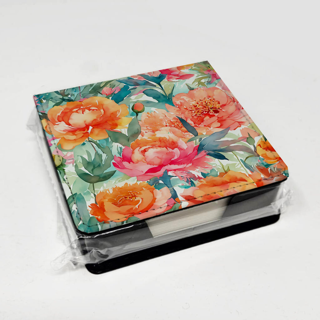 Peonies in Watercolor PU Leather Note Paper Holder with Artist-Designed Cover, Desk Accessory, Office Gift
