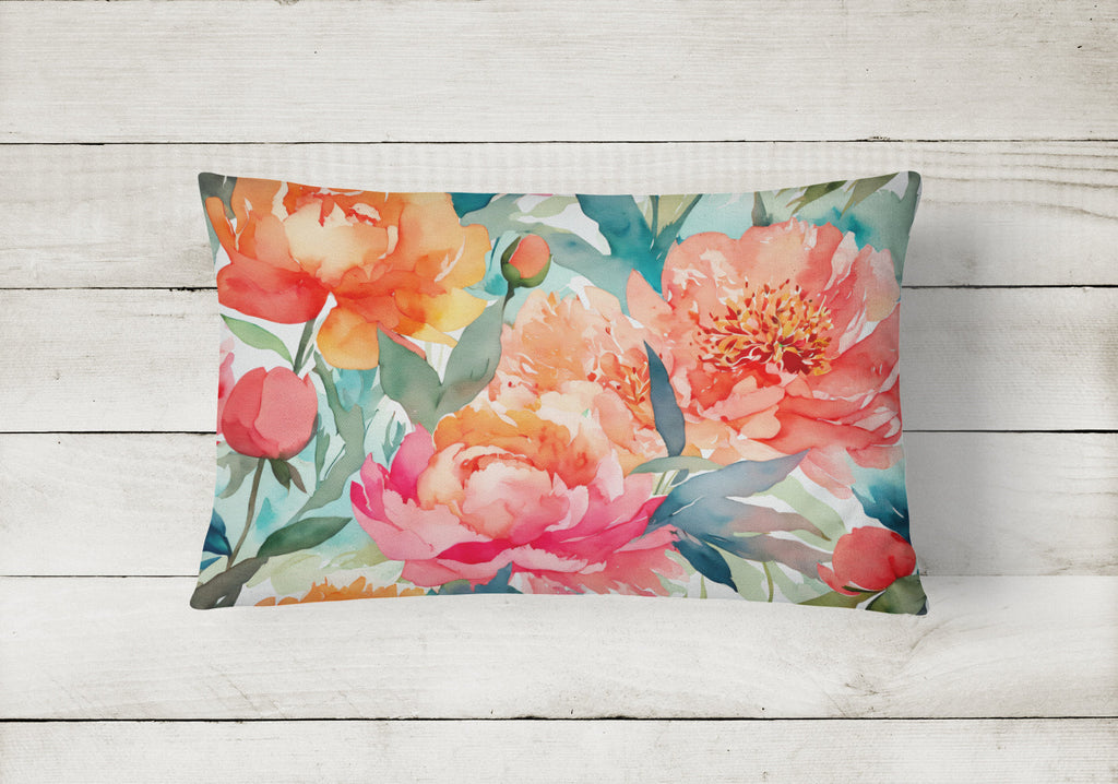 Peonies in Watercolor Decorative Throw Pillow 12x16 Indoor Outdoor Accent Cushion, Fabric Cover with Insert for Sofa, Bed, Porch & Living Room