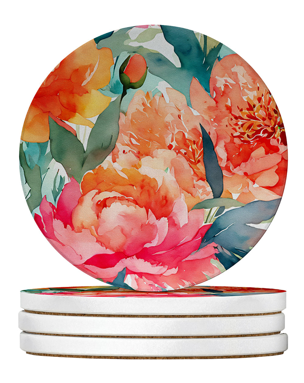 Peonies in Watercolor Large Sandstone Coasters Pack of 4 Absorbent Round Coasters Decor Gifts for Men or Women, 4 in, Multicolor