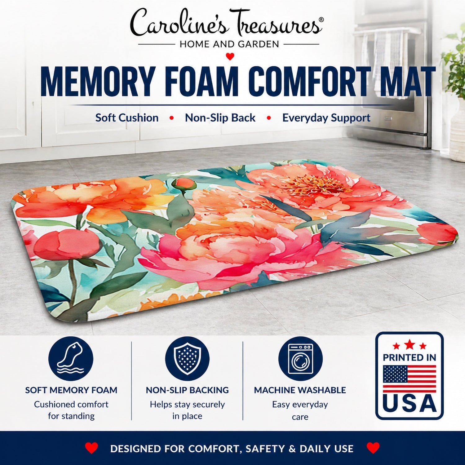 Peonies in Watercolor Memory Foam Kitchen Mat Machine Washable Anti-Fatigue Cushion Comfort Bath or Kitchen Rug