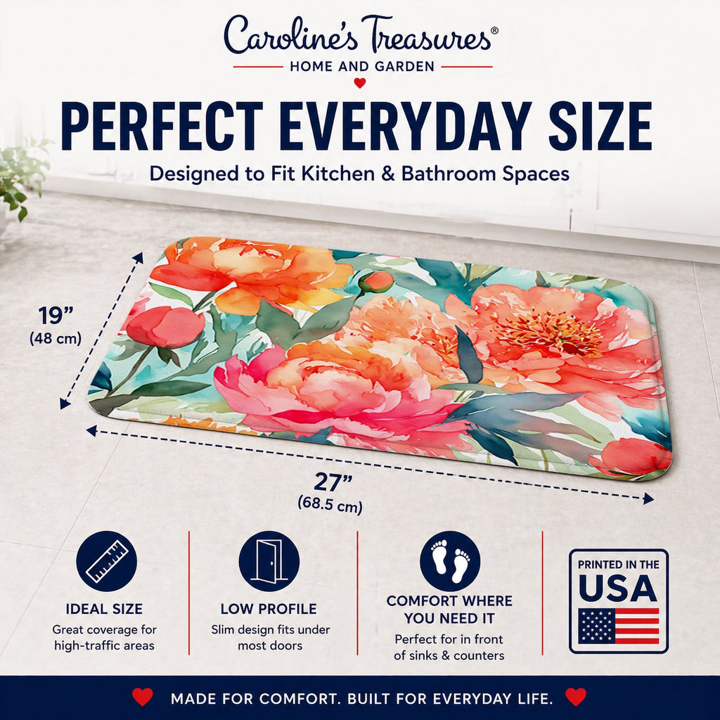 Peonies in Watercolor Memory Foam Kitchen Mat Machine Washable Anti-Fatigue Cushion Comfort Bath or Kitchen Rug